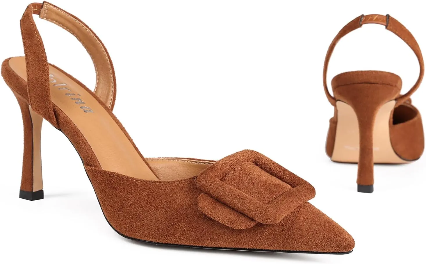 Women Slingback Heels Closed Pointed Toe Kitten Heels Buckle Suede Pumps Comfortable Dress Shoes