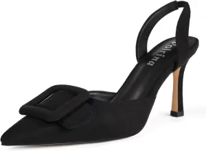 Women Slingback Heels Closed Pointed Toe Kitten Heels Buckle Suede Pumps Comfortable Dress Shoes