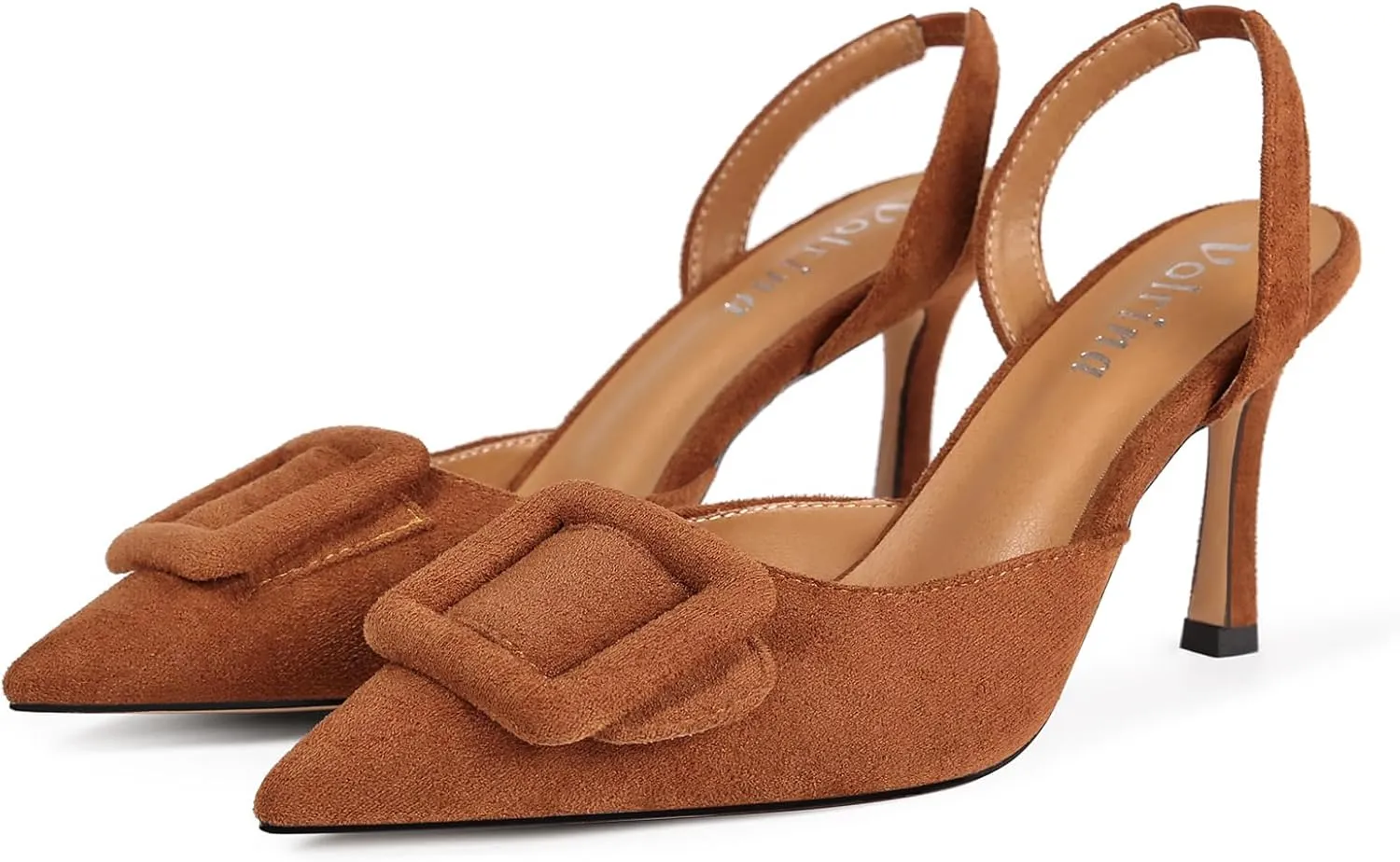 Women Slingback Heels Closed Pointed Toe Kitten Heels Buckle Suede Pumps Comfortable Dress Shoes