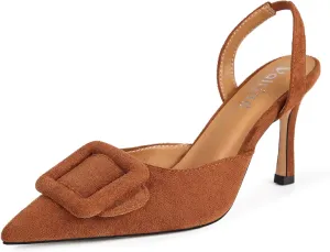Women Slingback Heels Closed Pointed Toe Kitten Heels Buckle Suede Pumps Comfortable Dress Shoes