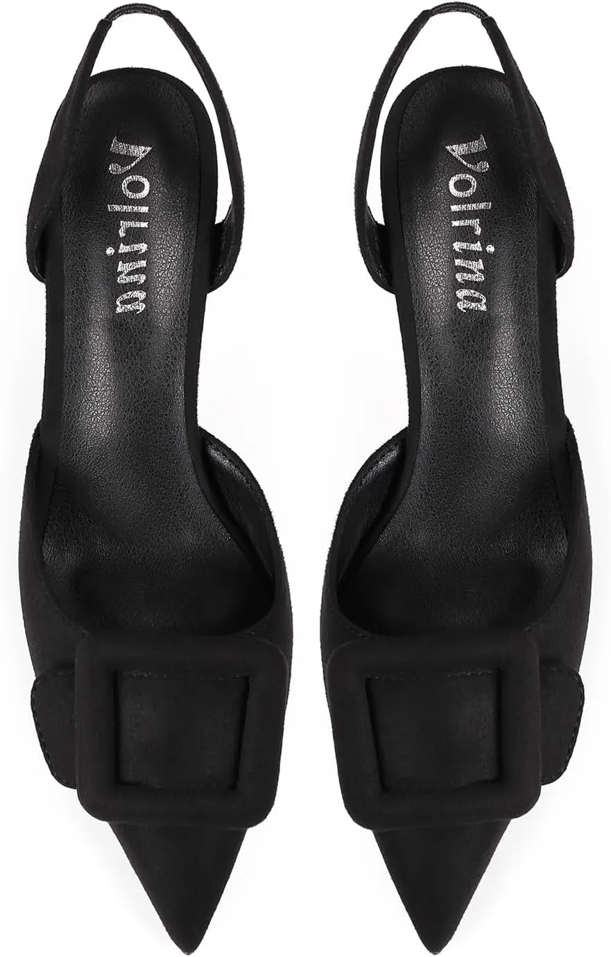 Women Slingback Heels Closed Pointed Toe Kitten Heels Buckle Suede Pumps Comfortable Dress Shoes