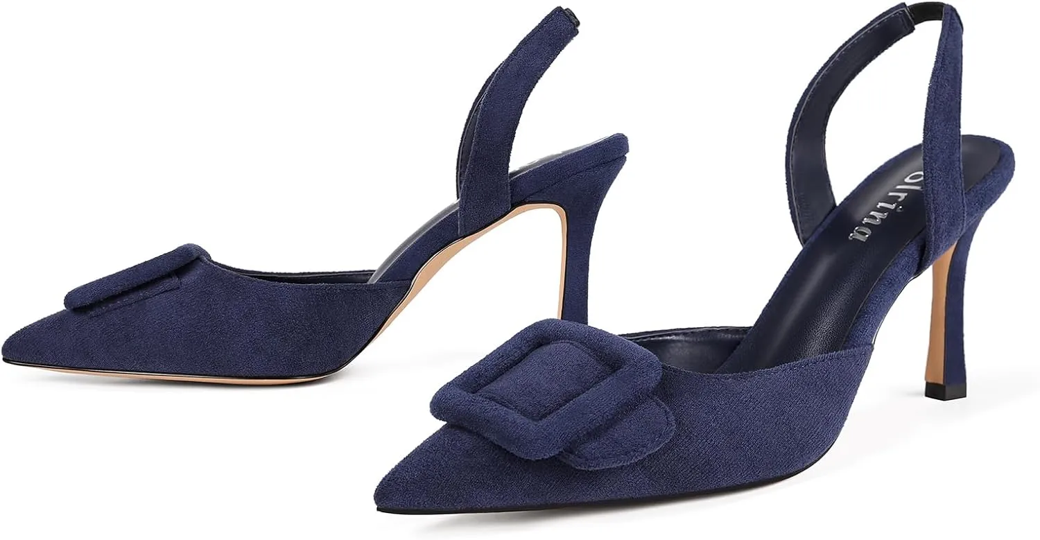 Women Slingback Heels Closed Pointed Toe Kitten Heels Buckle Suede Pumps Comfortable Dress Shoes