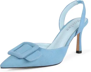 Women Slingback Heels Closed Pointed Toe Kitten Heels Buckle Suede Pumps Comfortable Dress Shoes
