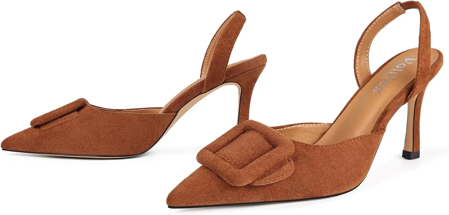 Women Slingback Heels Closed Pointed Toe Kitten Heels Buckle Suede Pumps Comfortable Dress Shoes