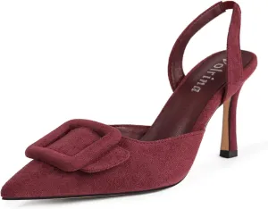 Women Slingback Heels Closed Pointed Toe Kitten Heels Buckle Suede Pumps Comfortable Dress Shoes