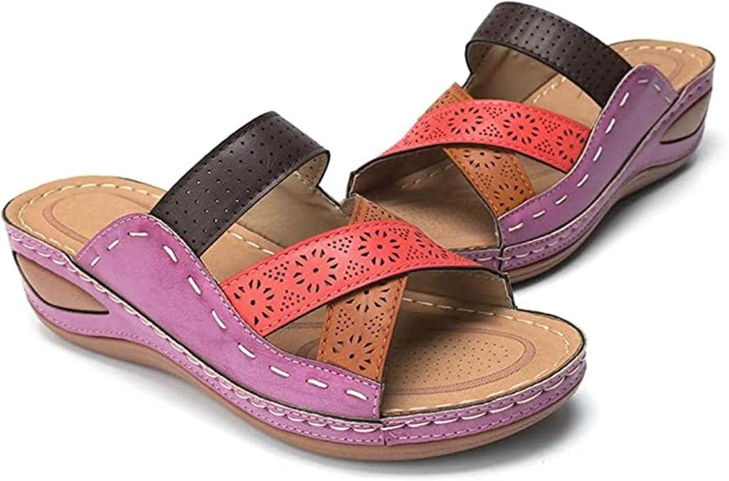 Women Wedge Sandals Comfortable Dressy Casual Open Toe Slippers Fashion Cross Strap Hollow Out Summer Walking Shoes for Summer Beach Oceanside Holiday Outdoor