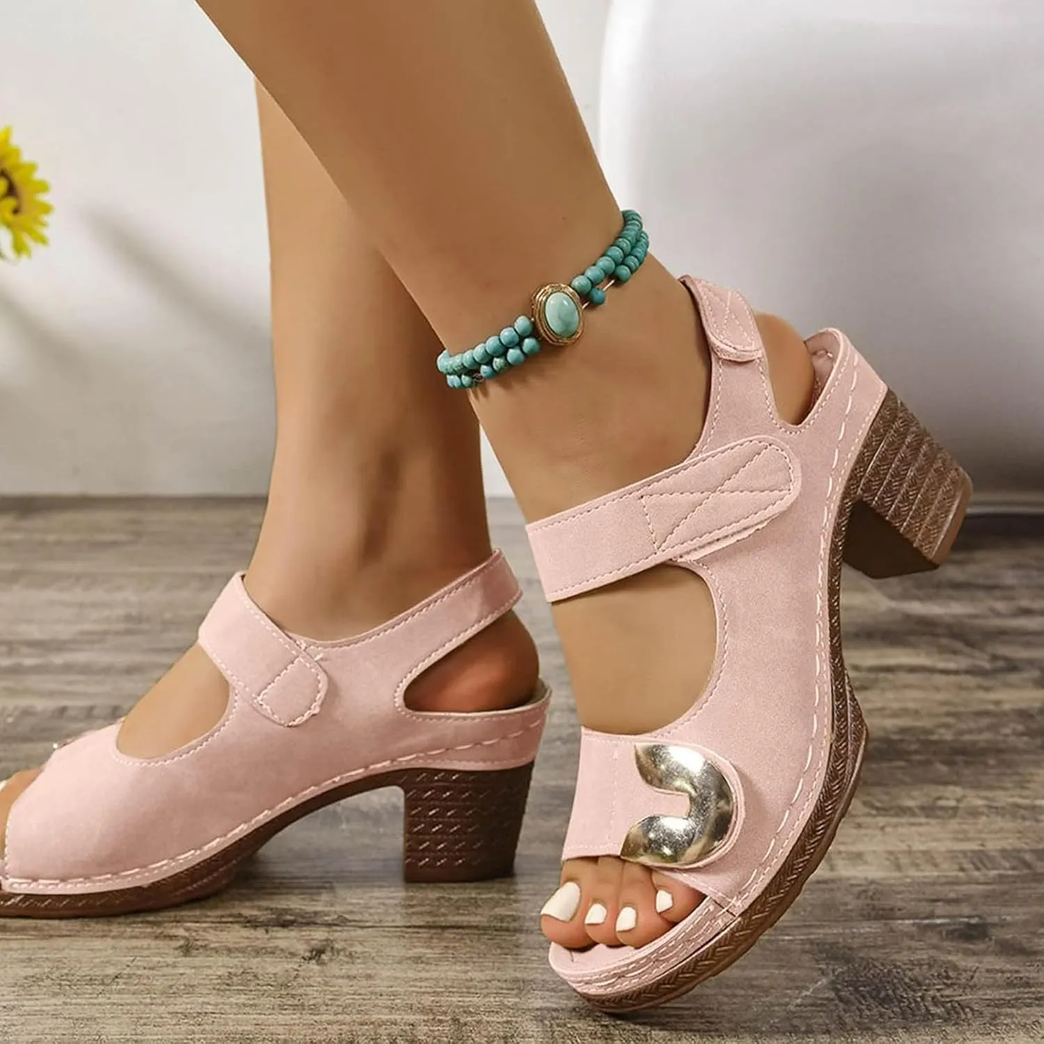 Womens Block Heel Sandals Short Heel Fashion Ankle Straps Buckle Open Toe Sandals Slingback Walking Sandal Summer Comfortable Shoes Slipper