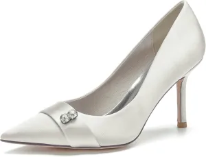 Women's Bridal Shoes Closed Toe 3.35" Stiletto Heel Lace Satin Pumps Evening Wedding Heels,Ivory,7