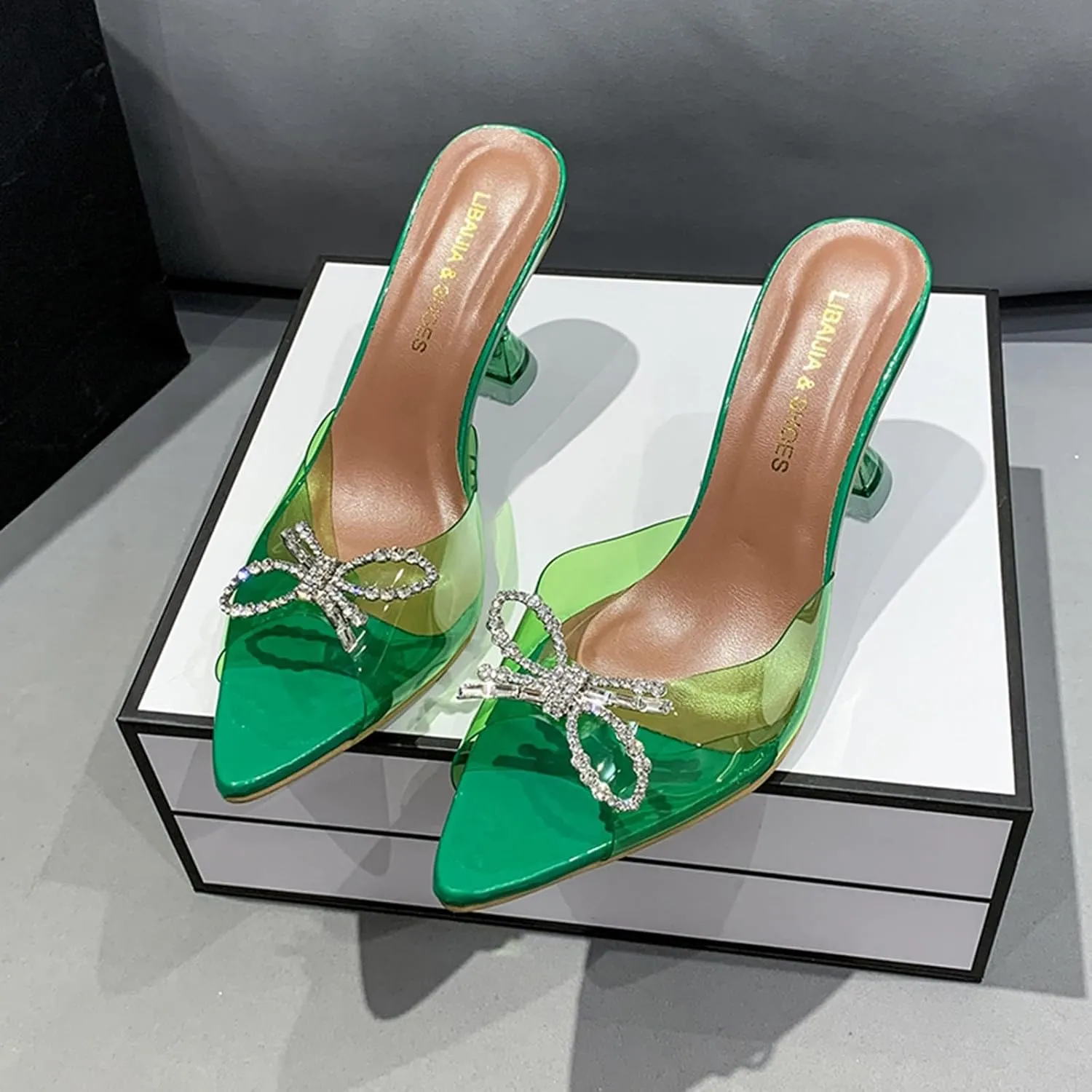 Womens Chunky Heel Sandals Square Toe Transparent Stiletto Bow Clear Low Heeled Slippers Open Toe Slip on Dress Shoes