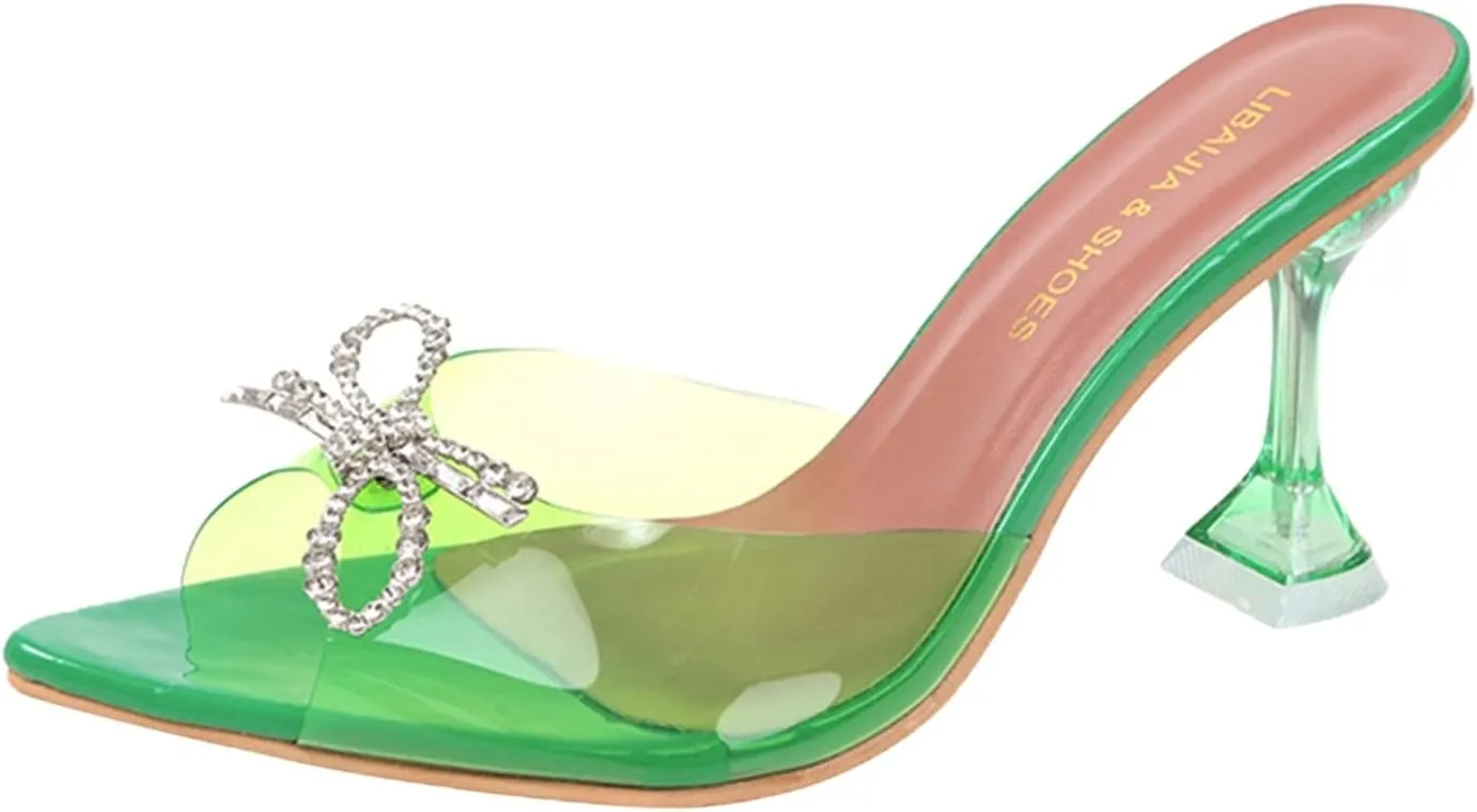 Womens Chunky Heel Sandals Square Toe Transparent Stiletto Bow Clear Low Heeled Slippers Open Toe Slip on Dress Shoes