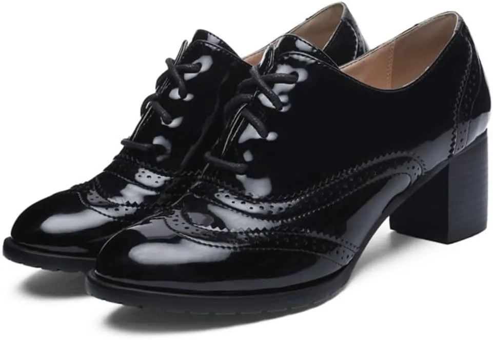 Women's Classic Lace Up Wingtip Oxfords Pumps Chunky Mid Heel Round Toe Patent Leather Dress Shoes