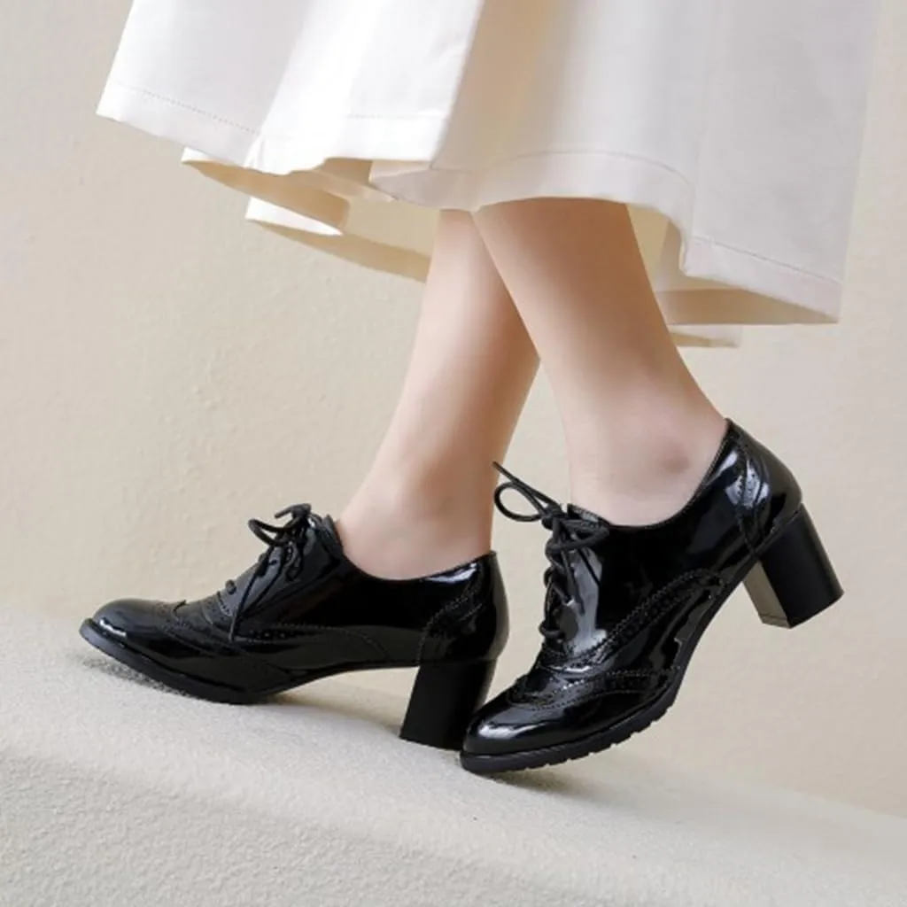Women's Classic Lace Up Wingtip Oxfords Pumps Chunky Mid Heel Round Toe Patent Leather Dress Shoes