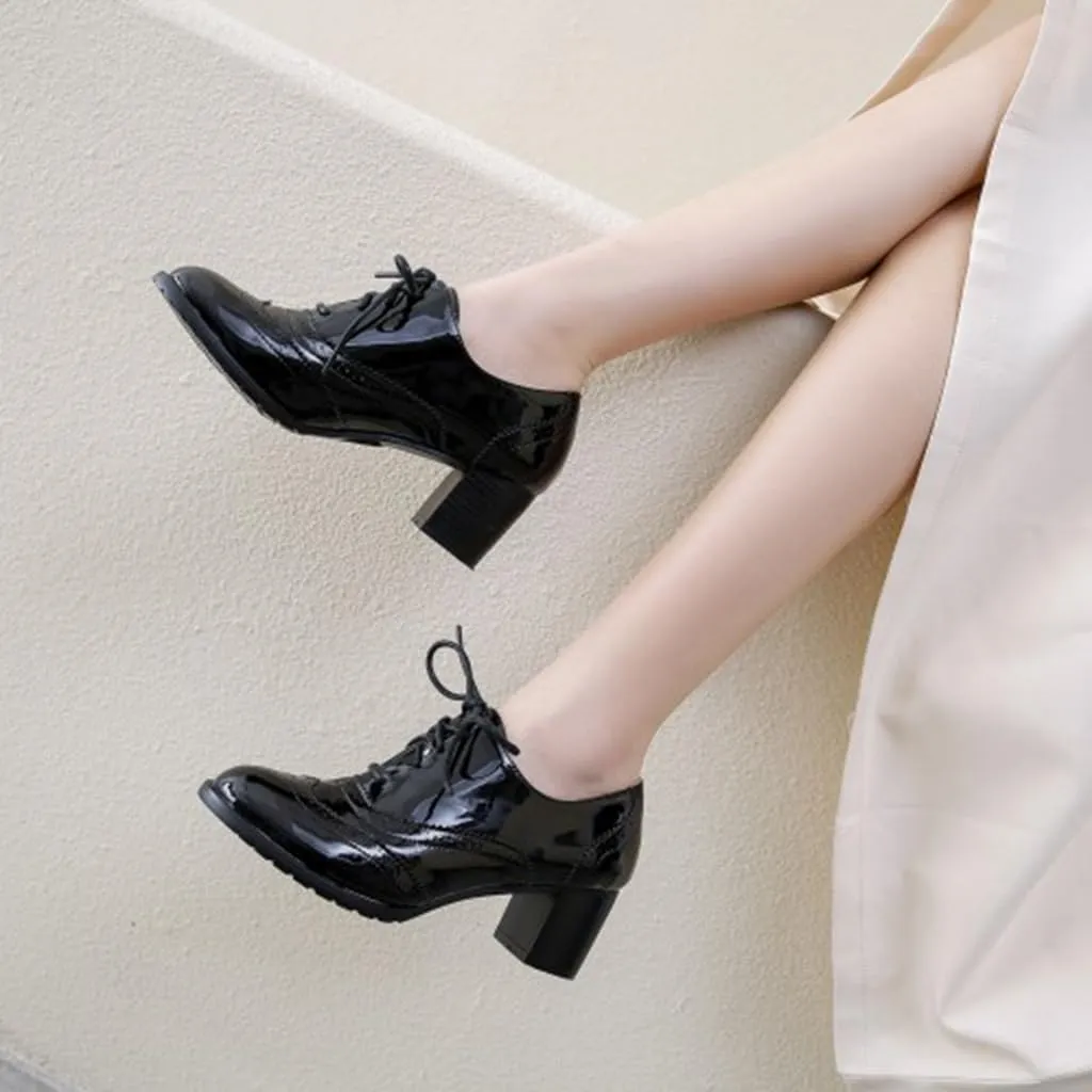 Women's Classic Lace Up Wingtip Oxfords Pumps Chunky Mid Heel Round Toe Patent Leather Dress Shoes
