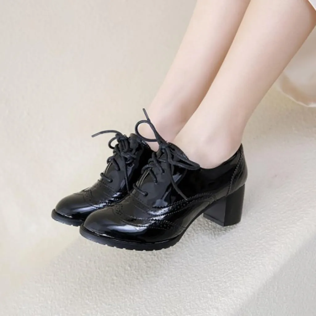 Women's Classic Lace Up Wingtip Oxfords Pumps Chunky Mid Heel Round Toe Patent Leather Dress Shoes