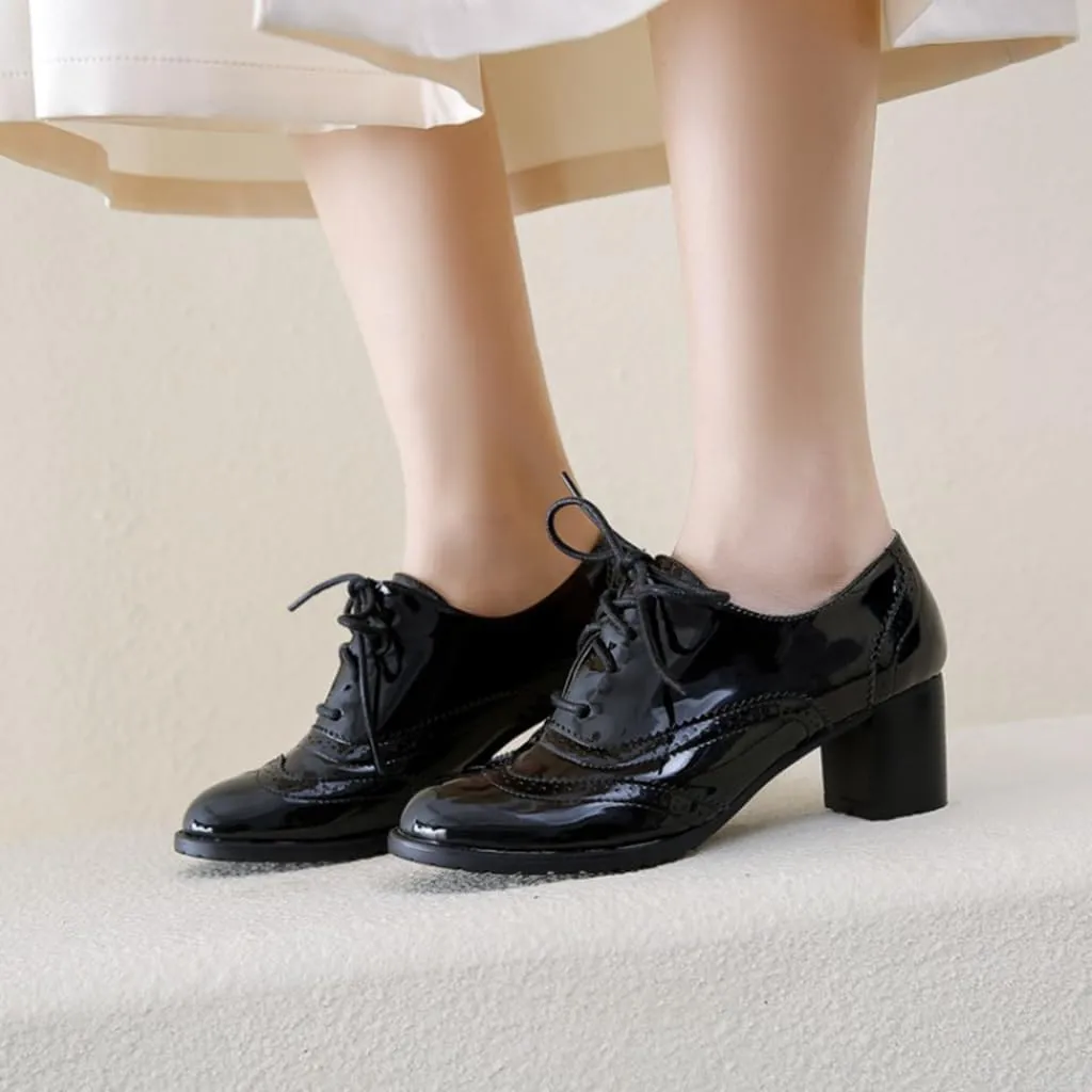 Women's Classic Lace Up Wingtip Oxfords Pumps Chunky Mid Heel Round Toe Patent Leather Dress Shoes