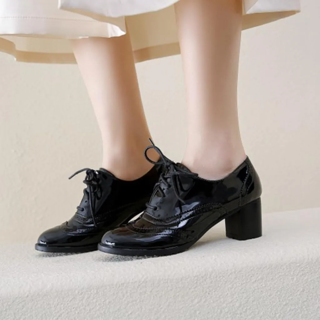 Women's Classic Lace Up Wingtip Oxfords Pumps Chunky Mid Heel Round Toe Patent Leather Dress Shoes