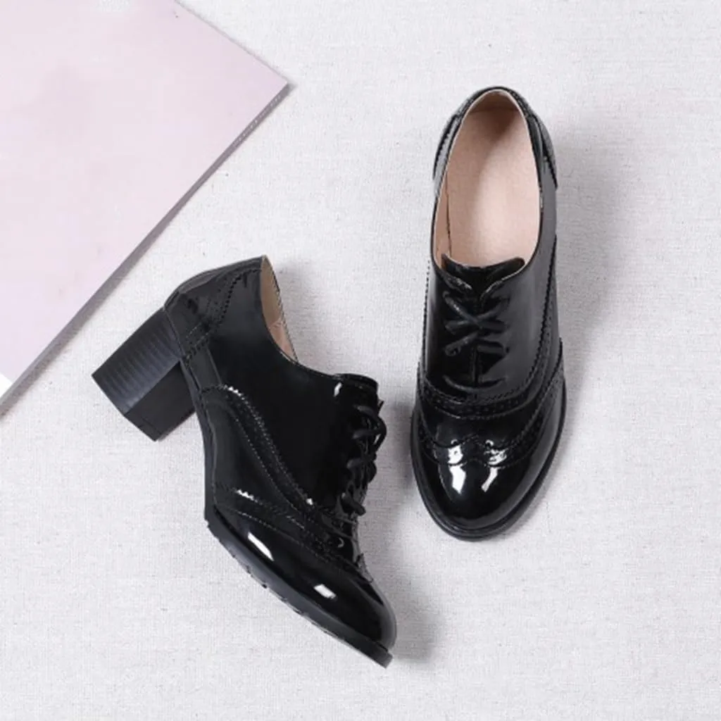 Women's Classic Lace Up Wingtip Oxfords Pumps Chunky Mid Heel Round Toe Patent Leather Dress Shoes