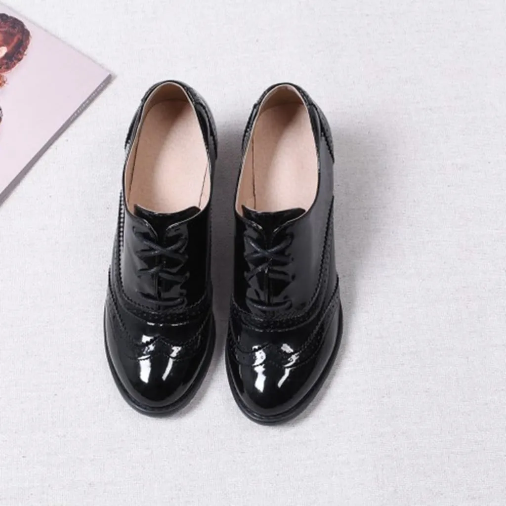 Women's Classic Lace Up Wingtip Oxfords Pumps Chunky Mid Heel Round Toe Patent Leather Dress Shoes