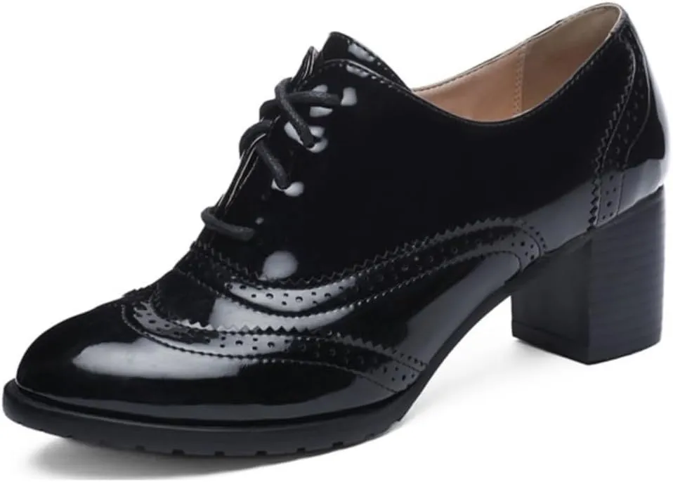Women's Classic Lace Up Wingtip Oxfords Pumps Chunky Mid Heel Round Toe Patent Leather Dress Shoes