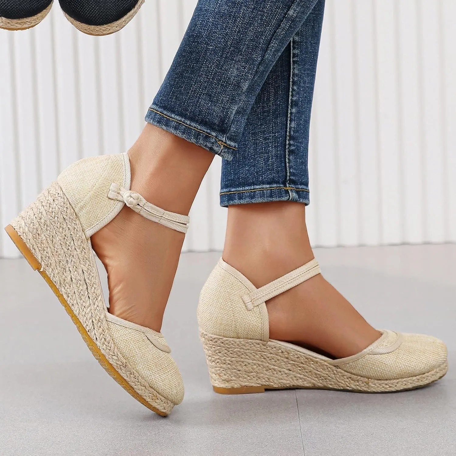 Womens Closed Toe Elastic Ankle Strap Espadrilles Wedge Sandals Hollow Out Platform Wedge Sandals Casual Shoes