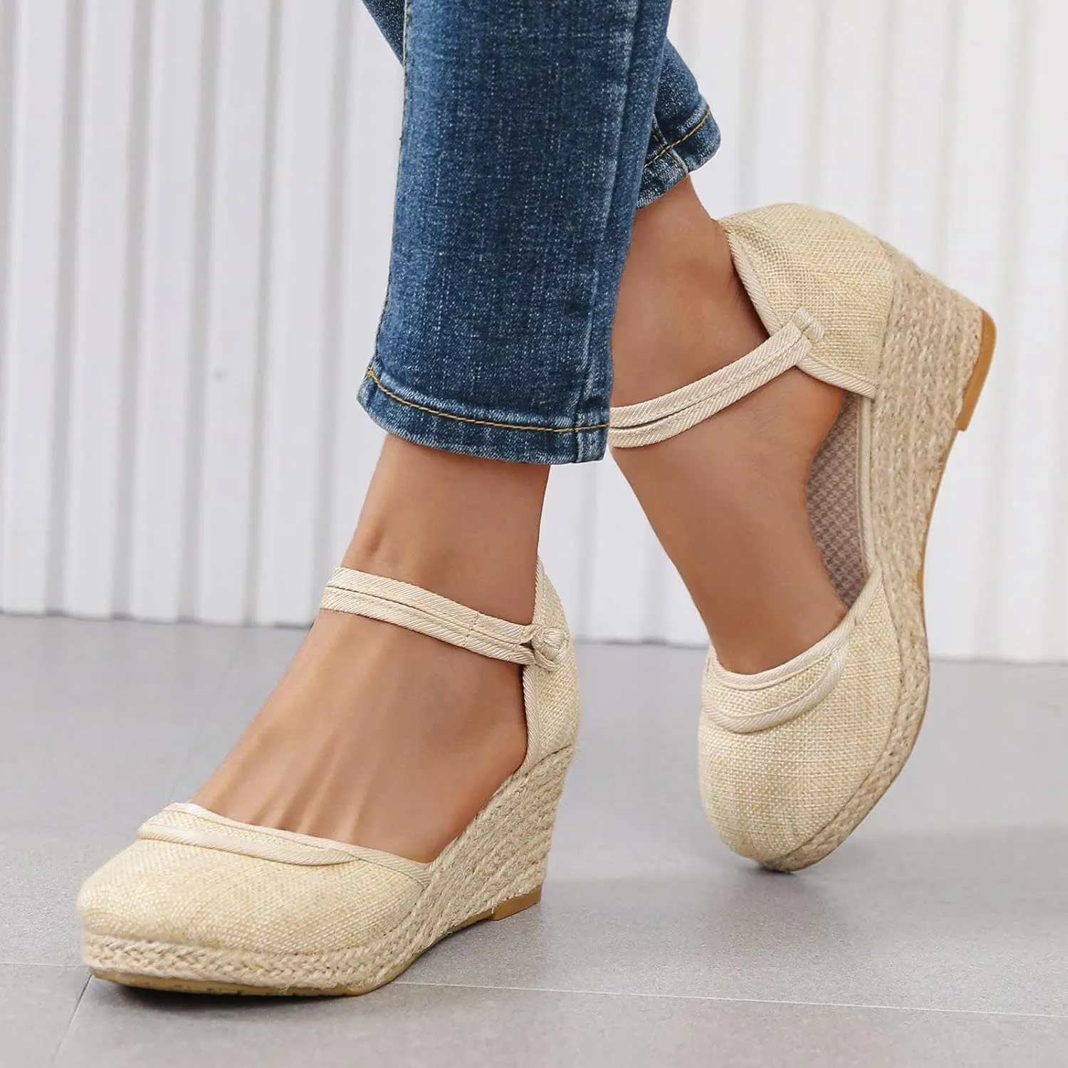 Womens Closed Toe Elastic Ankle Strap Espadrilles Wedge Sandals Hollow Out Platform Wedge Sandals Casual Shoes