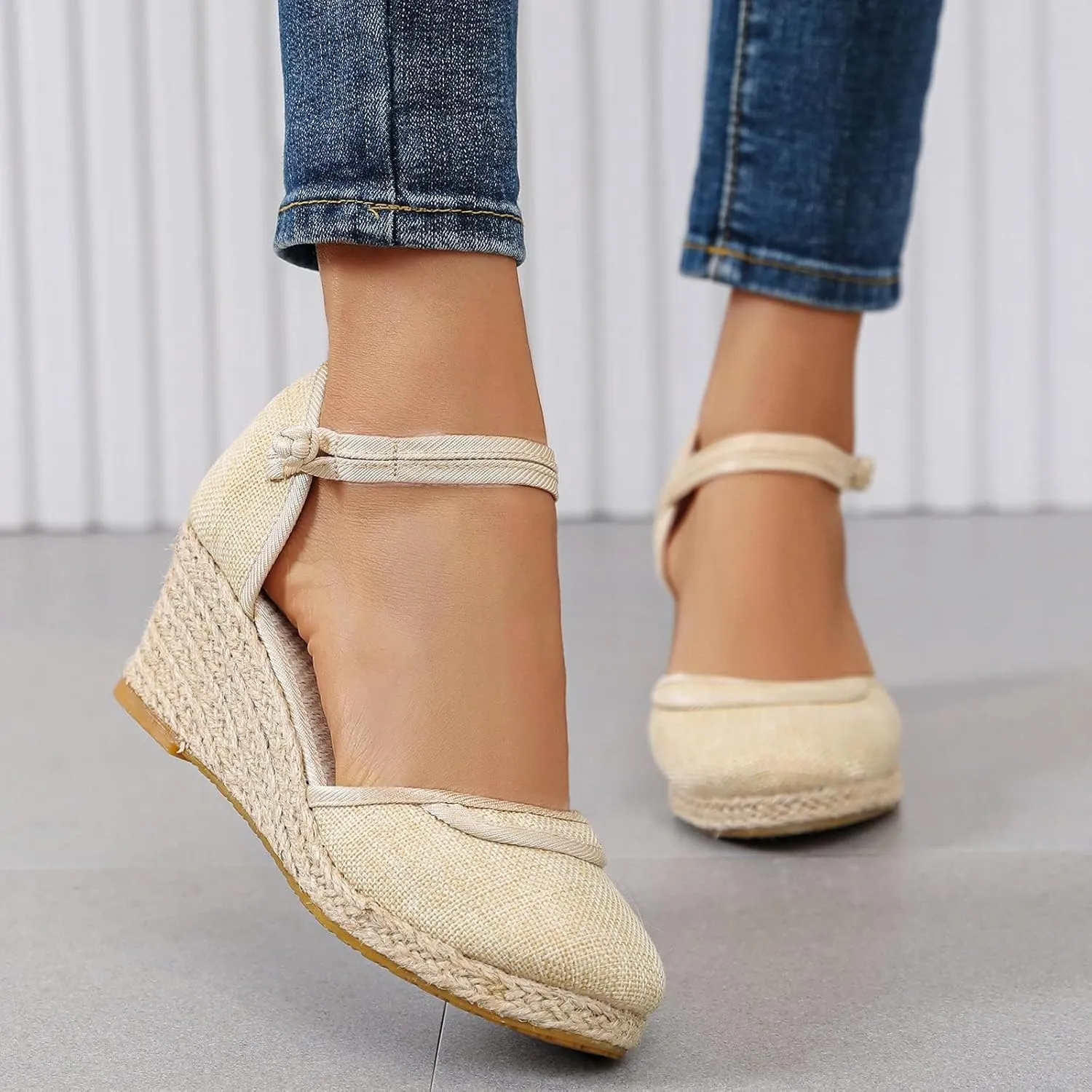 Womens Closed Toe Elastic Ankle Strap Espadrilles Wedge Sandals Hollow Out Platform Wedge Sandals Casual Shoes
