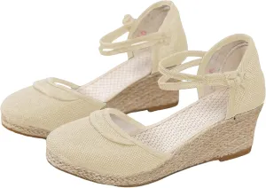Womens Closed Toe Elastic Ankle Strap Espadrilles Wedge Sandals Hollow Out Platform Wedge Sandals Casual Shoes