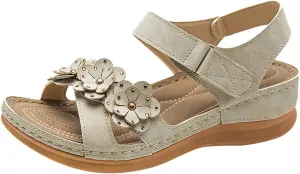 Womens Dressy Sandals Beach Summer Flower Leather Flat Sandals with Ankle Strap Open Toe Bohemian Lightweight Sandal Comfortable Walking Sandal