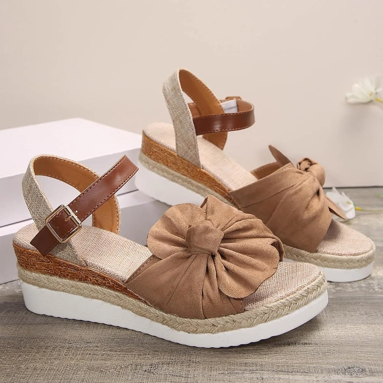 Womens Espadrilles Wedges Sandals Flower Strap Closed Toe Tie Lace Up Platform Ankle Strap Summer Dress Shoes Rhinestone
