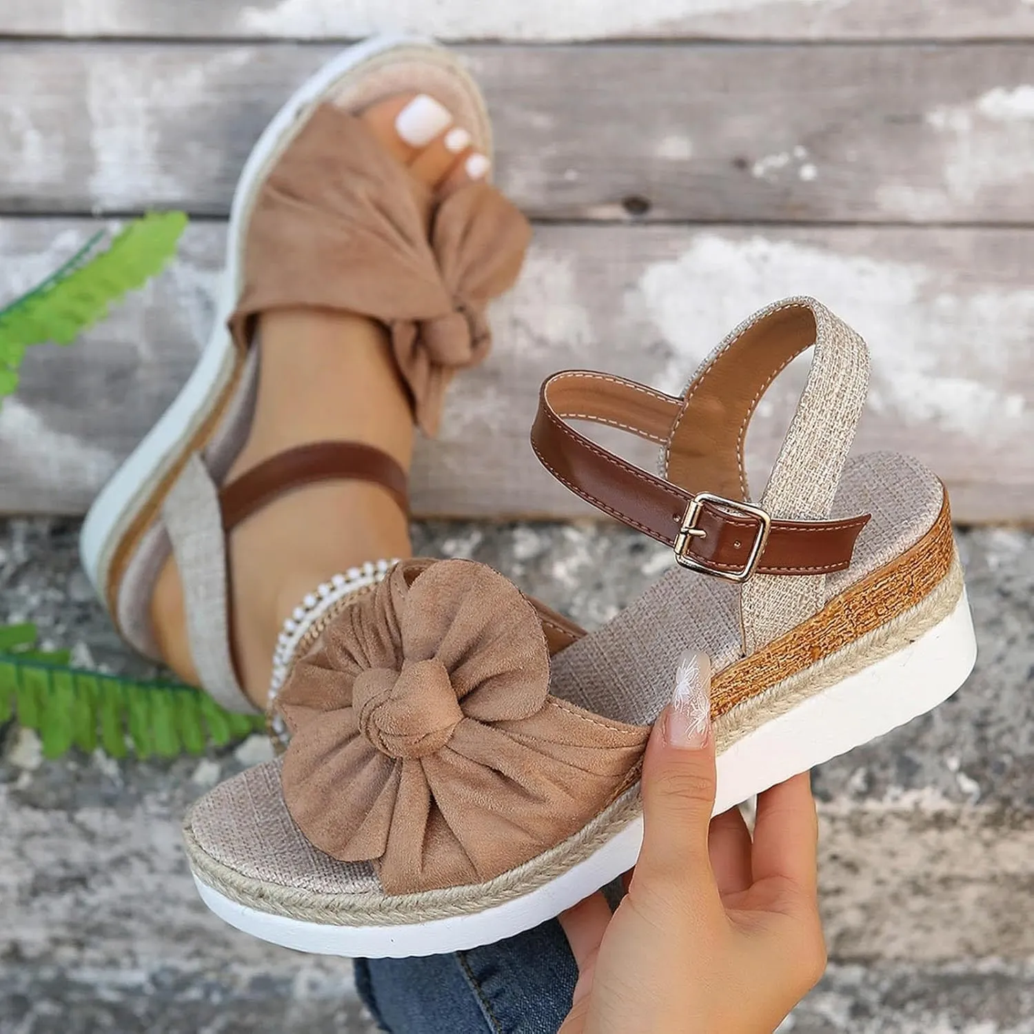 Womens Espadrilles Wedges Sandals Flower Strap Closed Toe Tie Lace Up Platform Ankle Strap Summer Dress Shoes Rhinestone