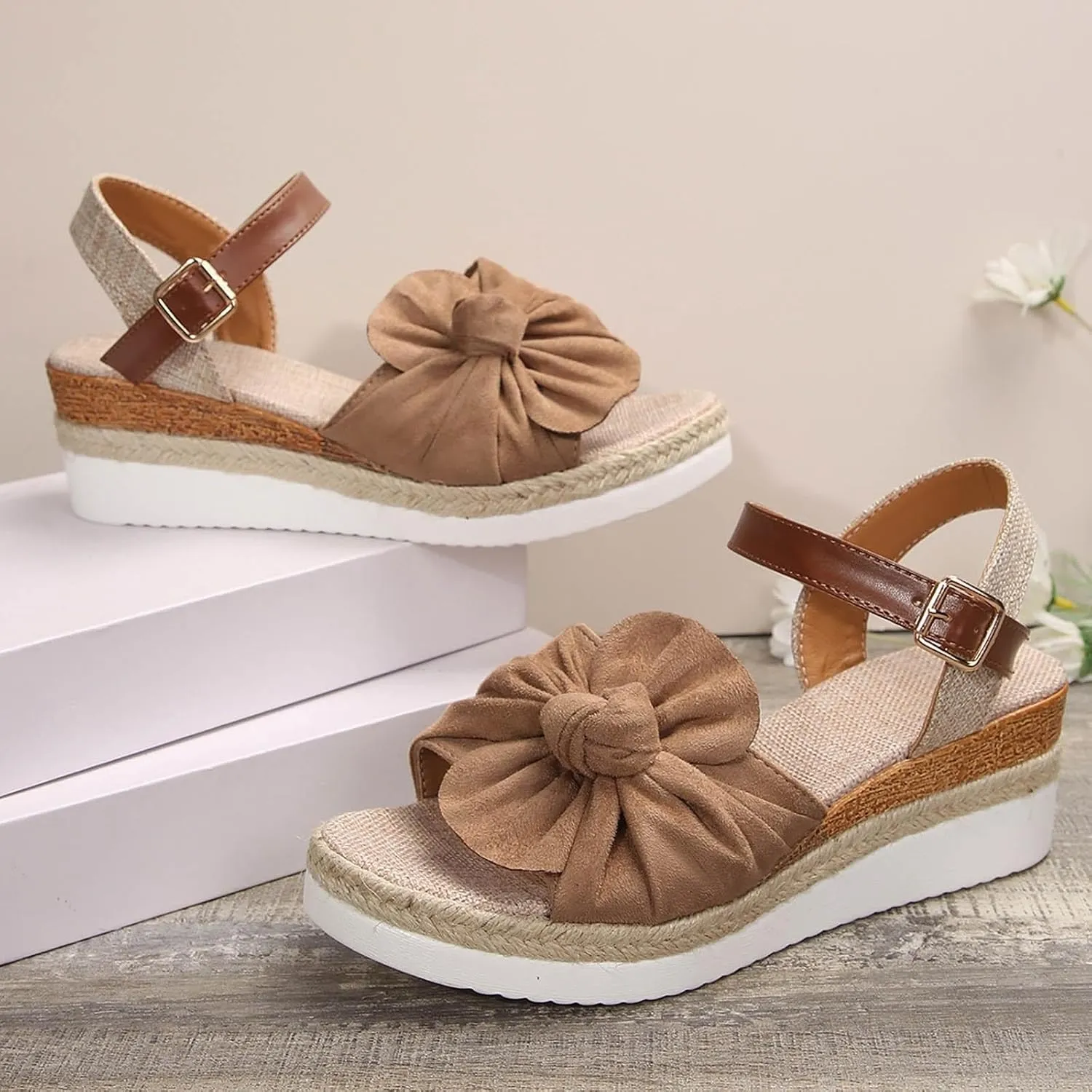 Womens Espadrilles Wedges Sandals Flower Strap Closed Toe Tie Lace Up Platform Ankle Strap Summer Dress Shoes Rhinestone
