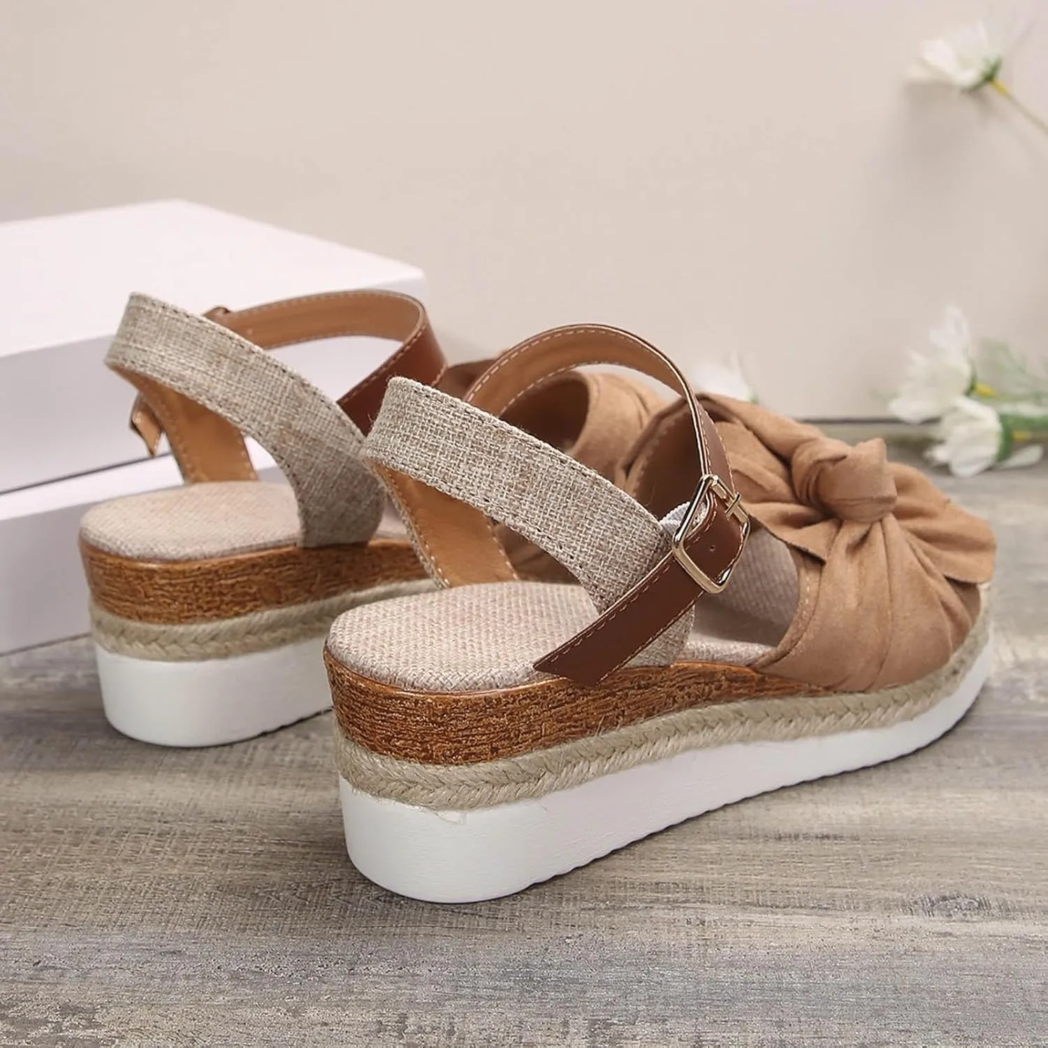 Womens Espadrilles Wedges Sandals Flower Strap Closed Toe Tie Lace Up Platform Ankle Strap Summer Dress Shoes Rhinestone