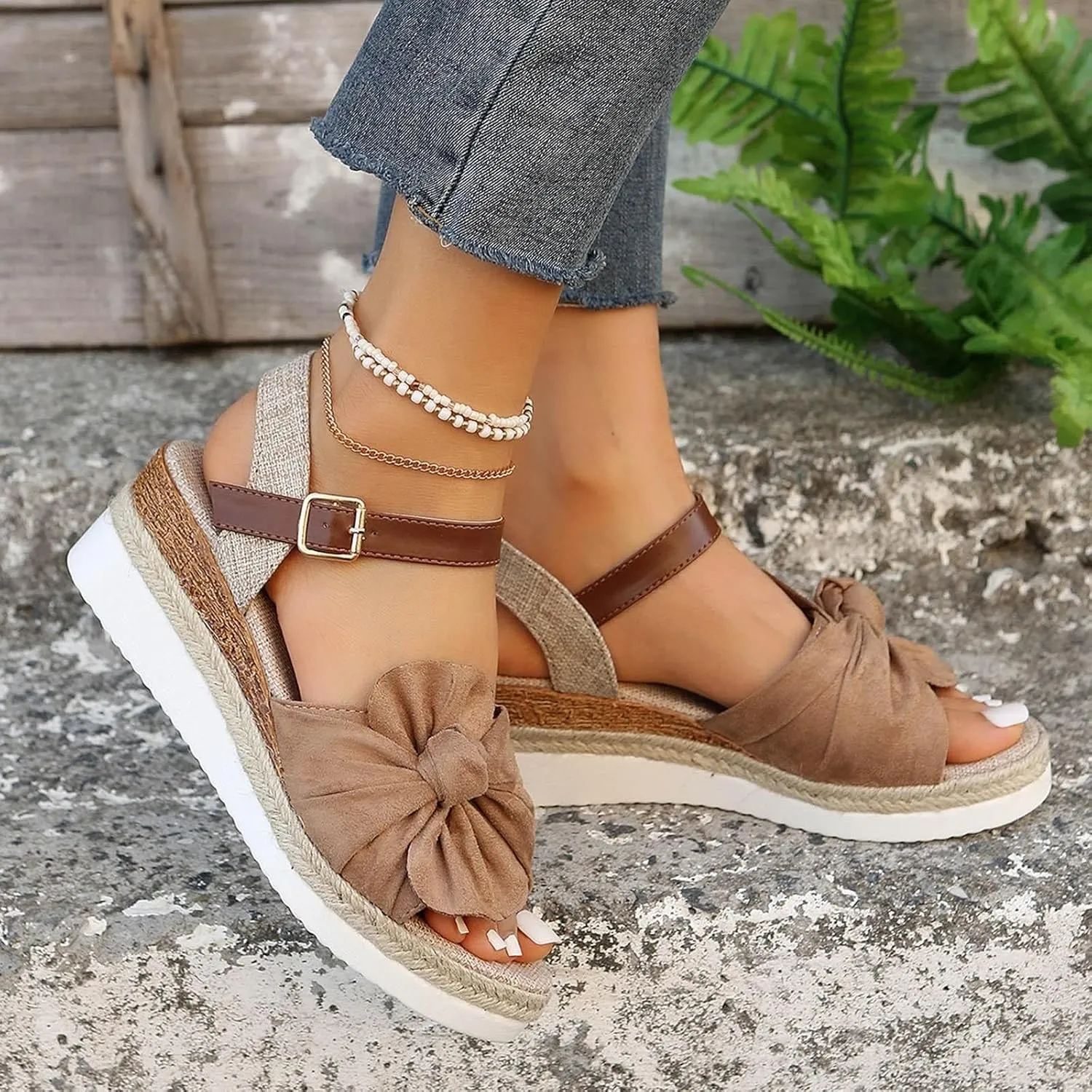 Womens Espadrilles Wedges Sandals Flower Strap Closed Toe Tie Lace Up Platform Ankle Strap Summer Dress Shoes Rhinestone