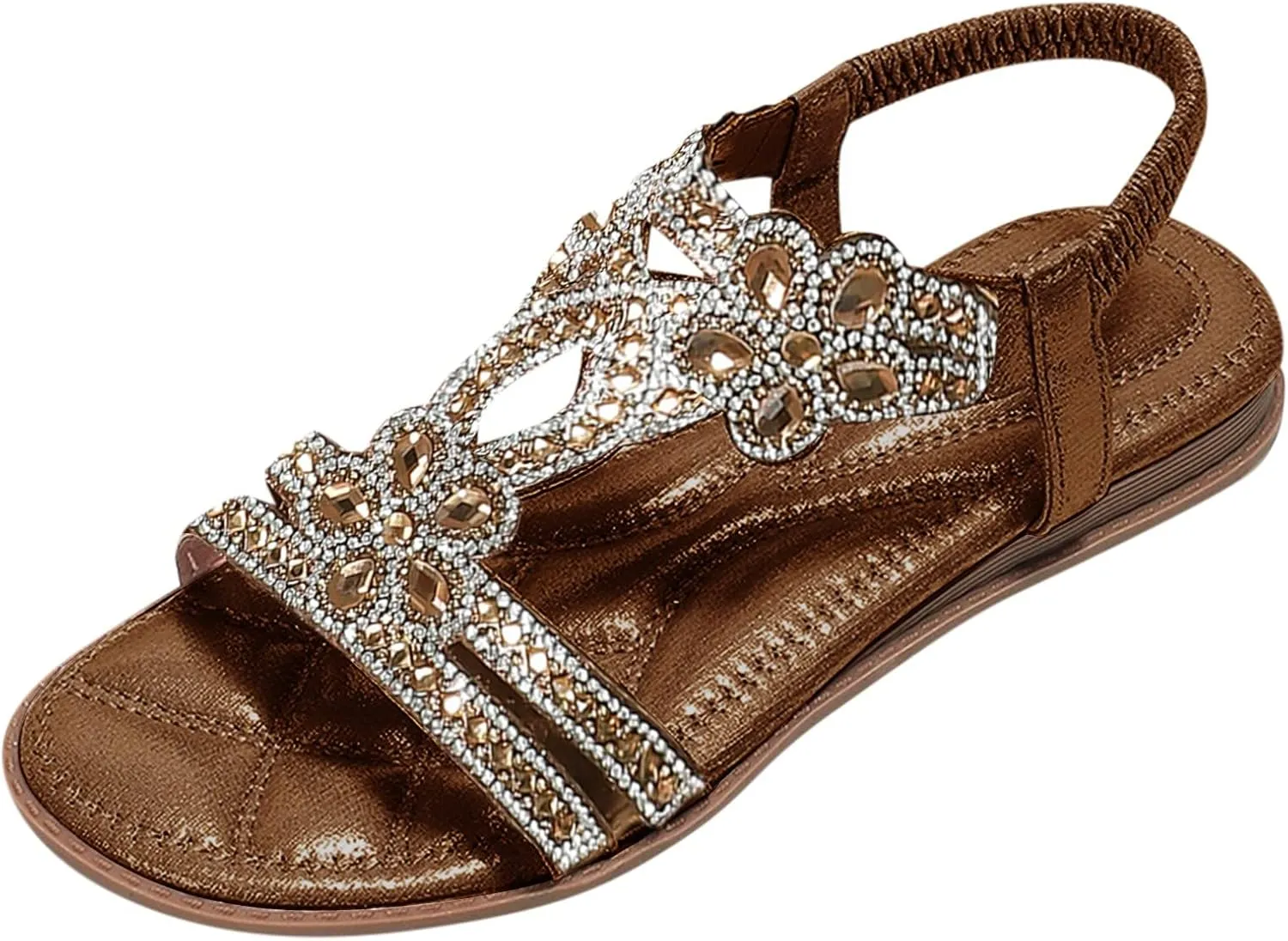 Women's Flat Sandals Dressy Summer, Comfortable Rhinestone Beaded Bohemian Sandals Strappy Ankle Strap Elastic T-Strap Dress Thong Sandals Beach Flip Flops (a-Brown, 8)