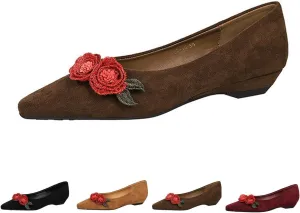Women's Flower Pointed Toe Suede Flat Shoes Fashionable Faux Suede Flower Ballet Flat Comfortable Slip on Loafers Low Slope Heel Shoes