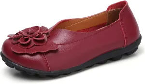 Womens Genuine Leather Loafers Wide Width Slip on Casual Round Toe Moccasins Driving Flats Lightweight Mom Nurse Walking Shoes