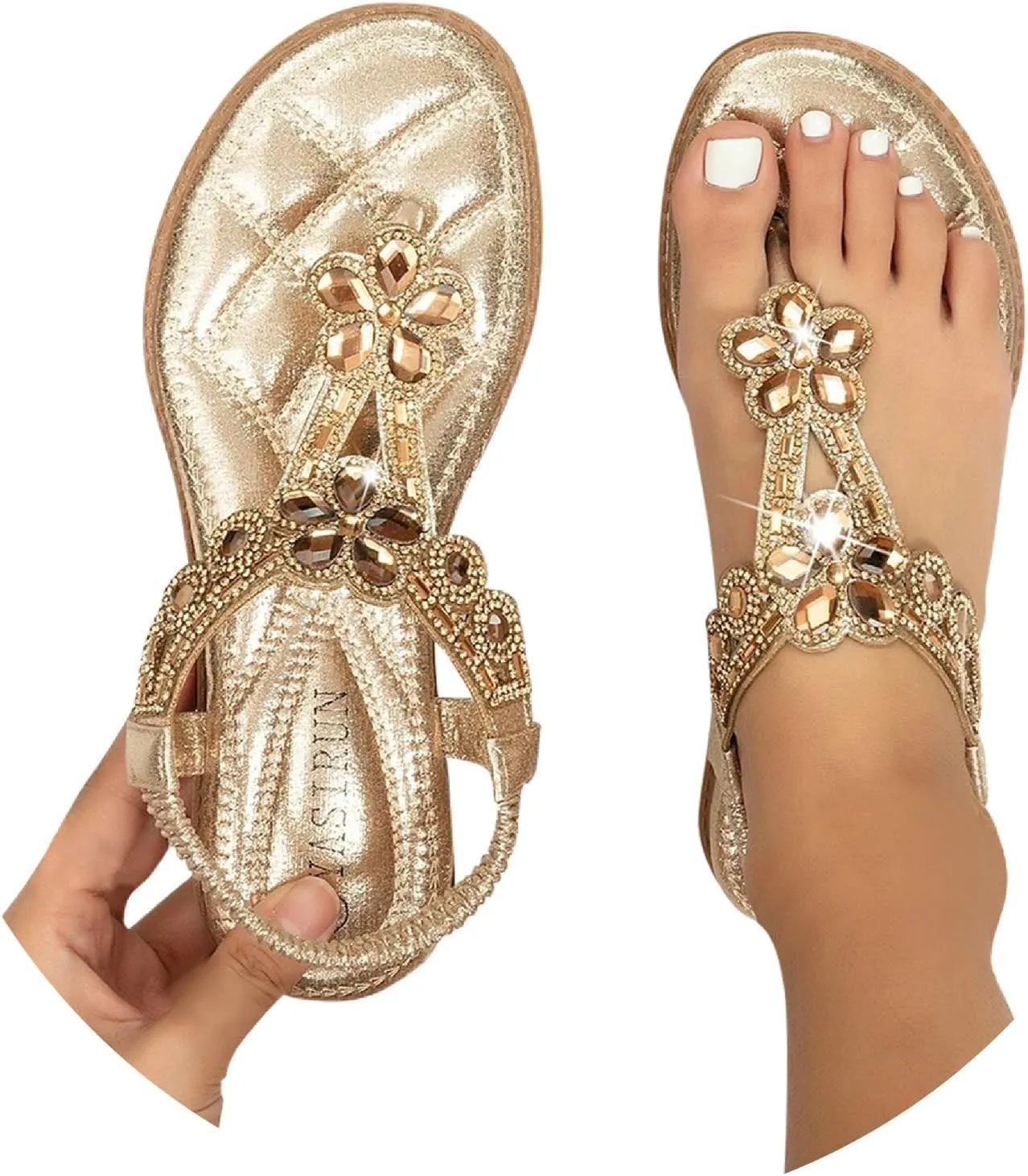 Womens Gladiator Bohemia Flip Flops Summer Beach Flat Sandals Arch Support Slingback Rhinestone Dressy Sandals Comfort Beach Walking Shoes