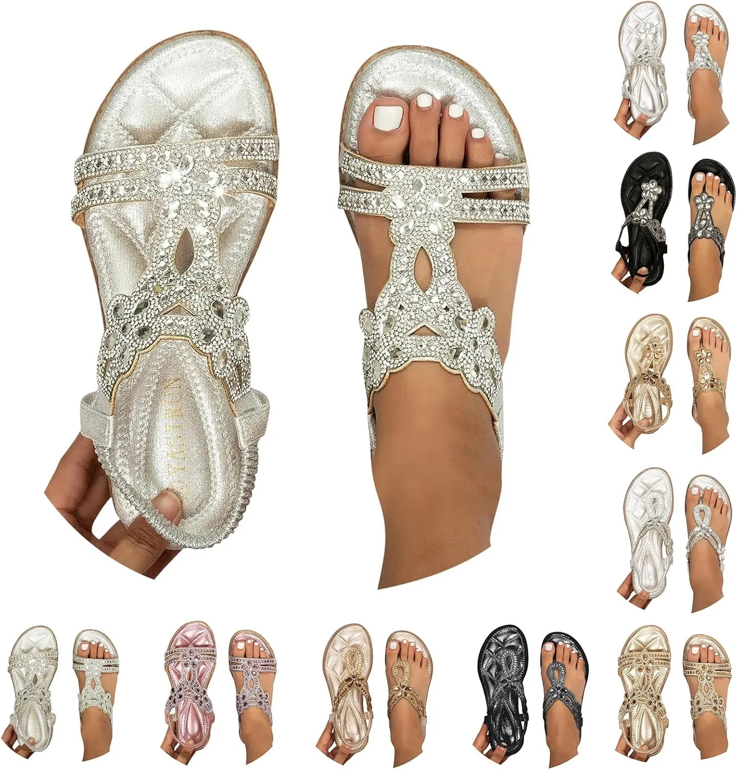 Womens Gladiator Bohemia Flip Flops Summer Beach Flat Sandals Arch Support Slingback Rhinestone Dressy Sandals Comfort Beach Walking Shoes