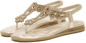 Womens Gladiator Bohemia Flip Flops Summer Beach Flat Sandals Arch Support Slingback Rhinestone Dressy Sandals Comfort Beach Walking Shoes
