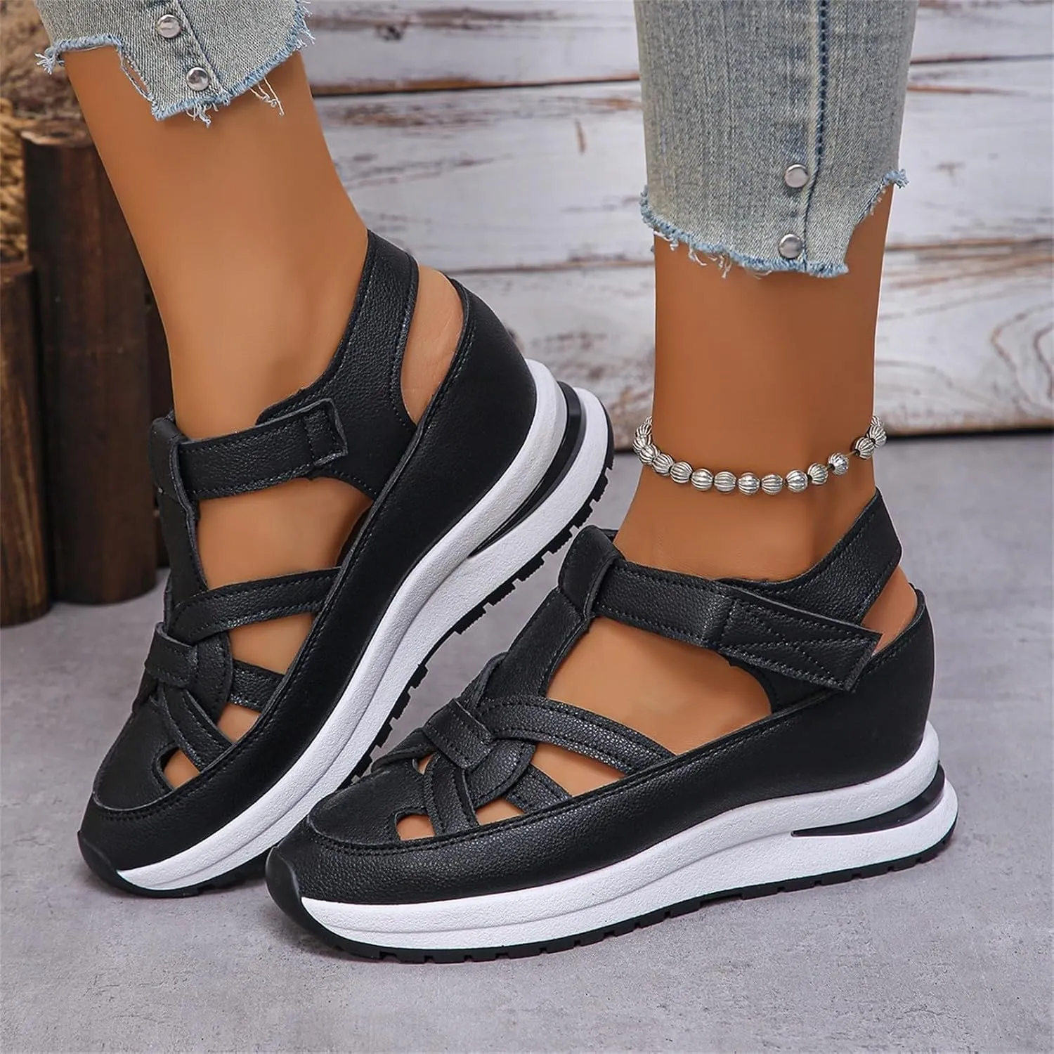 Womens Hollow Out Platform Wedge Sandals Lightweight Closed Toe Sandals Casual Ankle Strap Breathable Sandal Comfortable Summer Beach Shoes