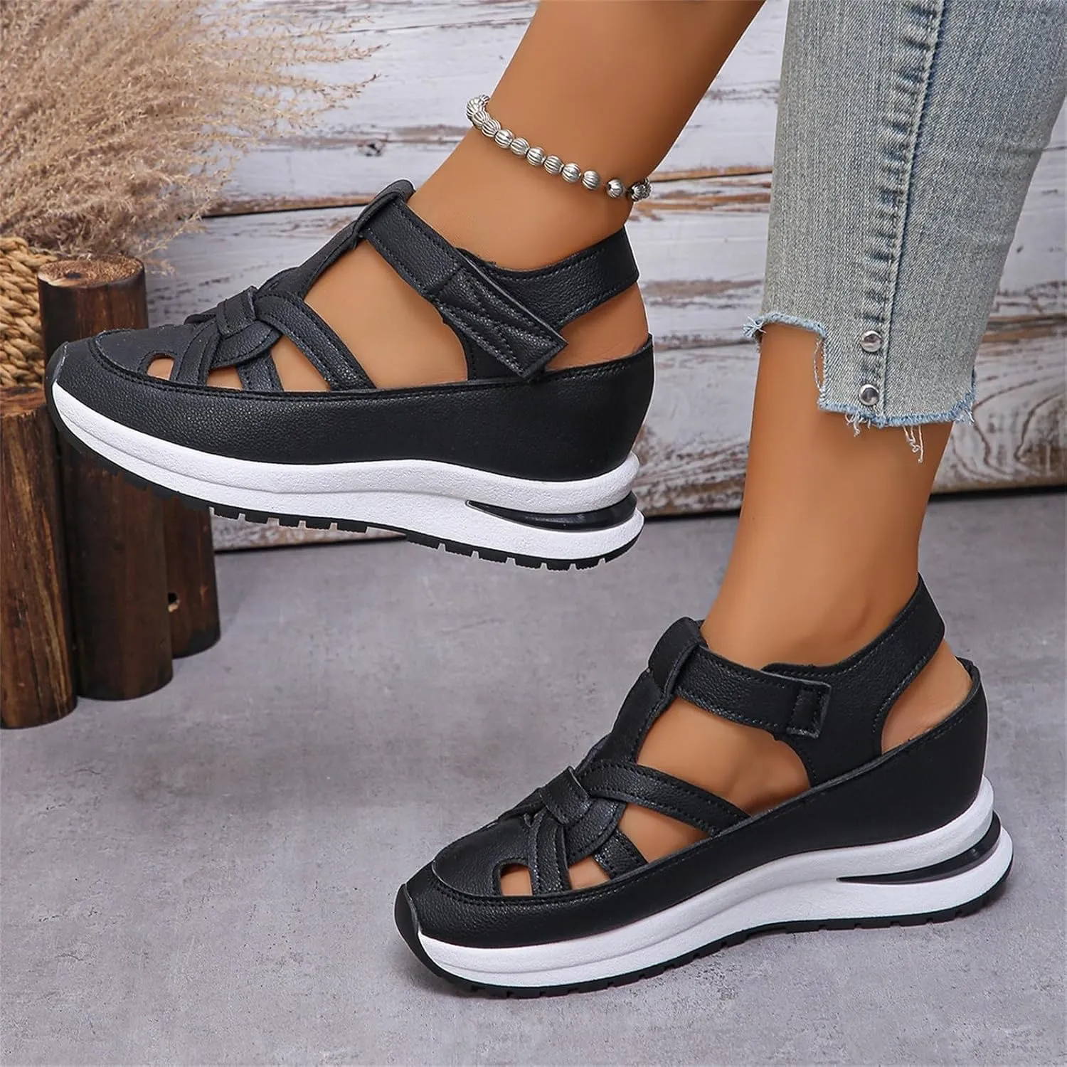 Womens Hollow Out Platform Wedge Sandals Lightweight Closed Toe Sandals Casual Ankle Strap Breathable Sandal Comfortable Summer Beach Shoes