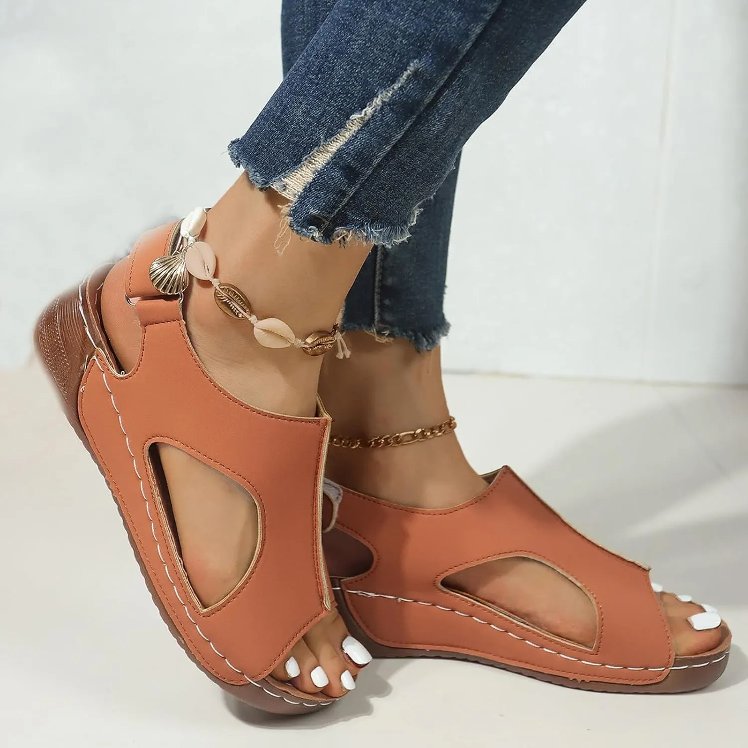 Womens Leather Sandals Comfortable Dressy Orthopedic Arch Wedge Roman Sandals with Adjustable Straps Casual Diabetic Walking Beach Sandal