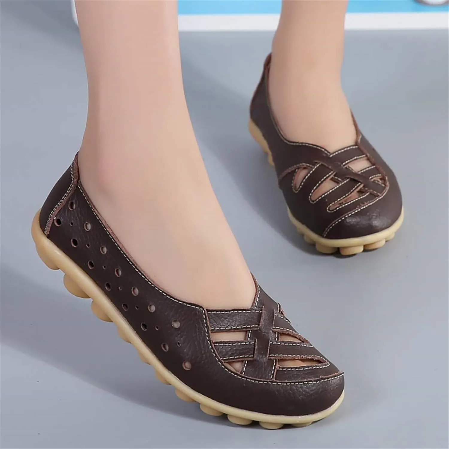 Women's Leather Sandals Loafers Slip-Ons Flats Sandals Casual Walking Cutout Breathable Shoes