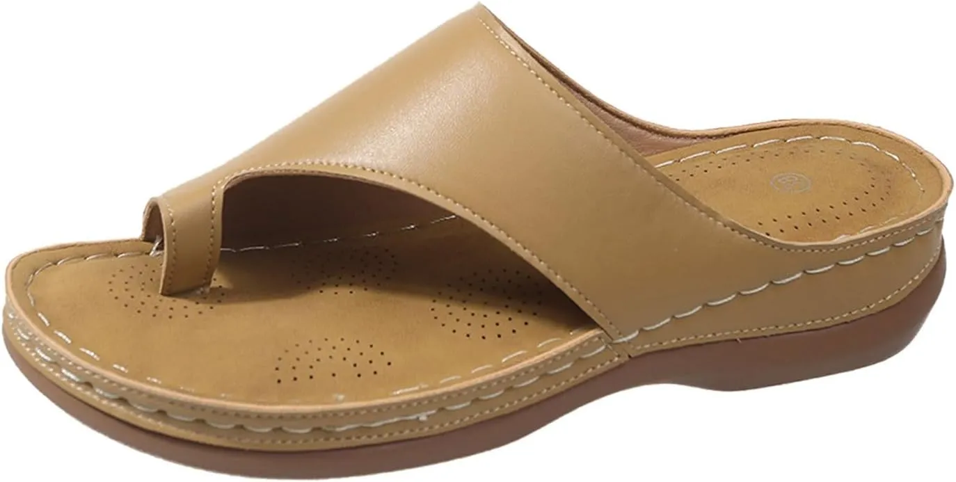 Women's Leather Wedge Sandals Arch Support Flip-Flops Walking Beach Sandals Slip On Open Toe Dressy Sandals