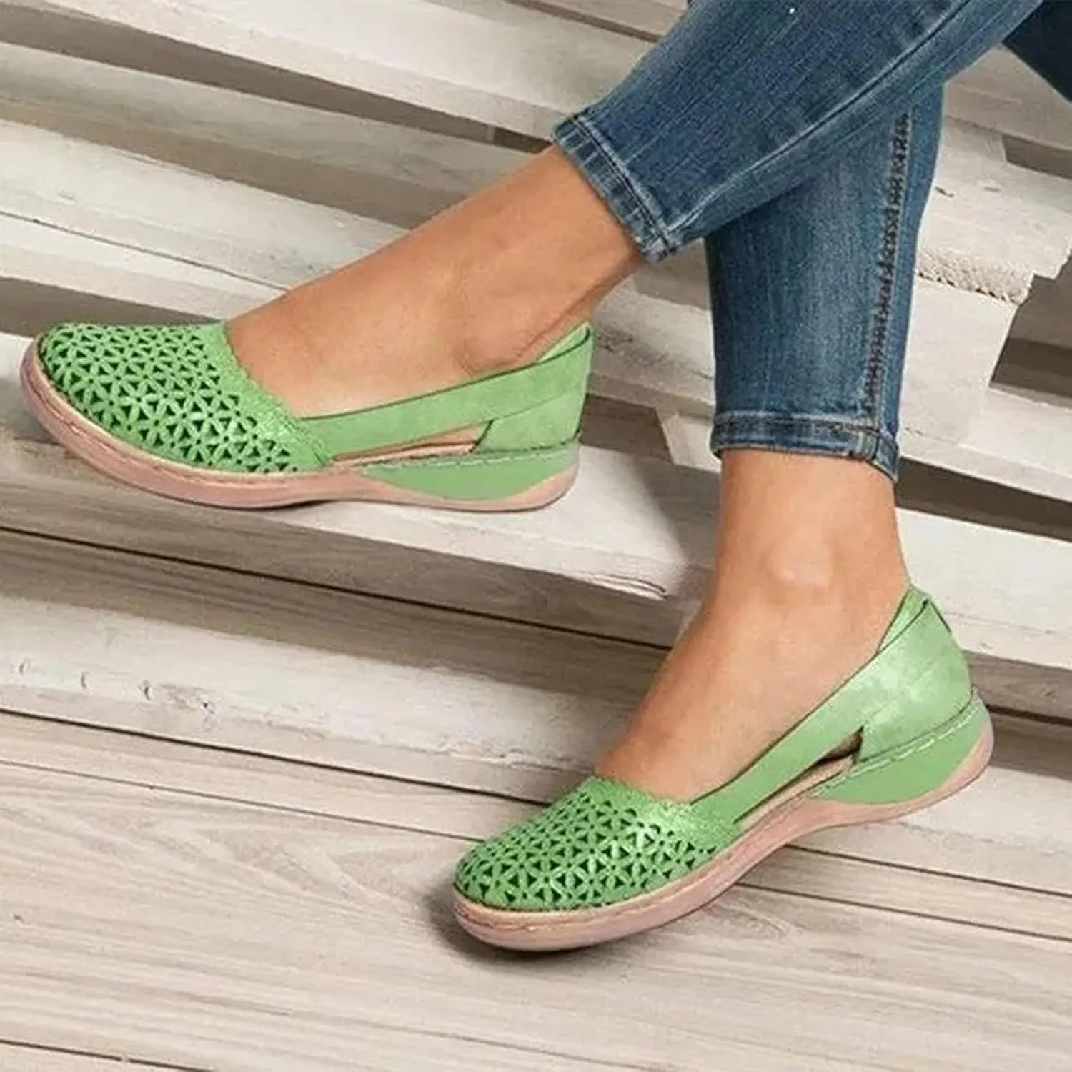 Womens Loafers Wide Dress Sandals Low Heel Hollow Out Wide Round Toe Ballet Flats with Breathable Eyelets