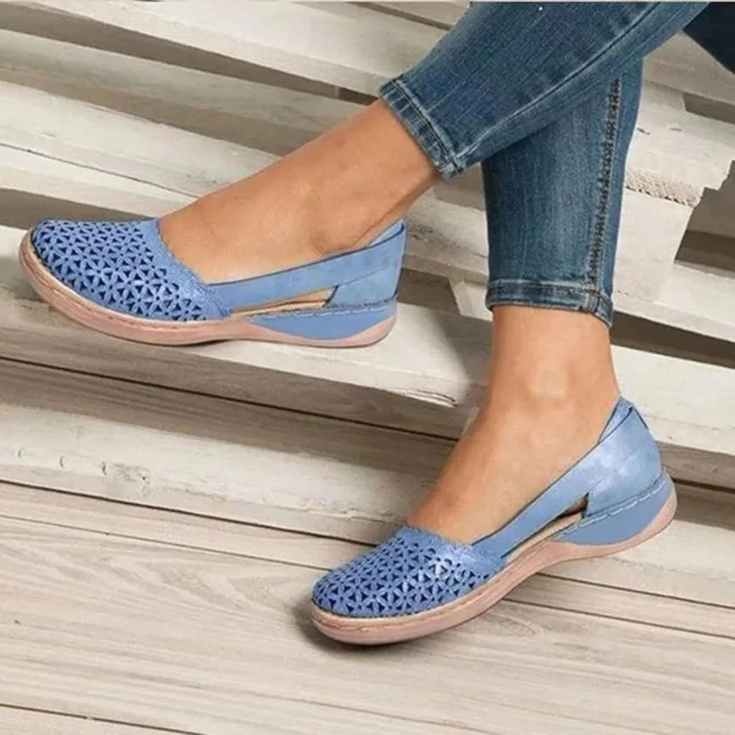 Womens Loafers Wide Dress Sandals Low Heel Hollow Out Wide Round Toe Ballet Flats with Breathable Eyelets