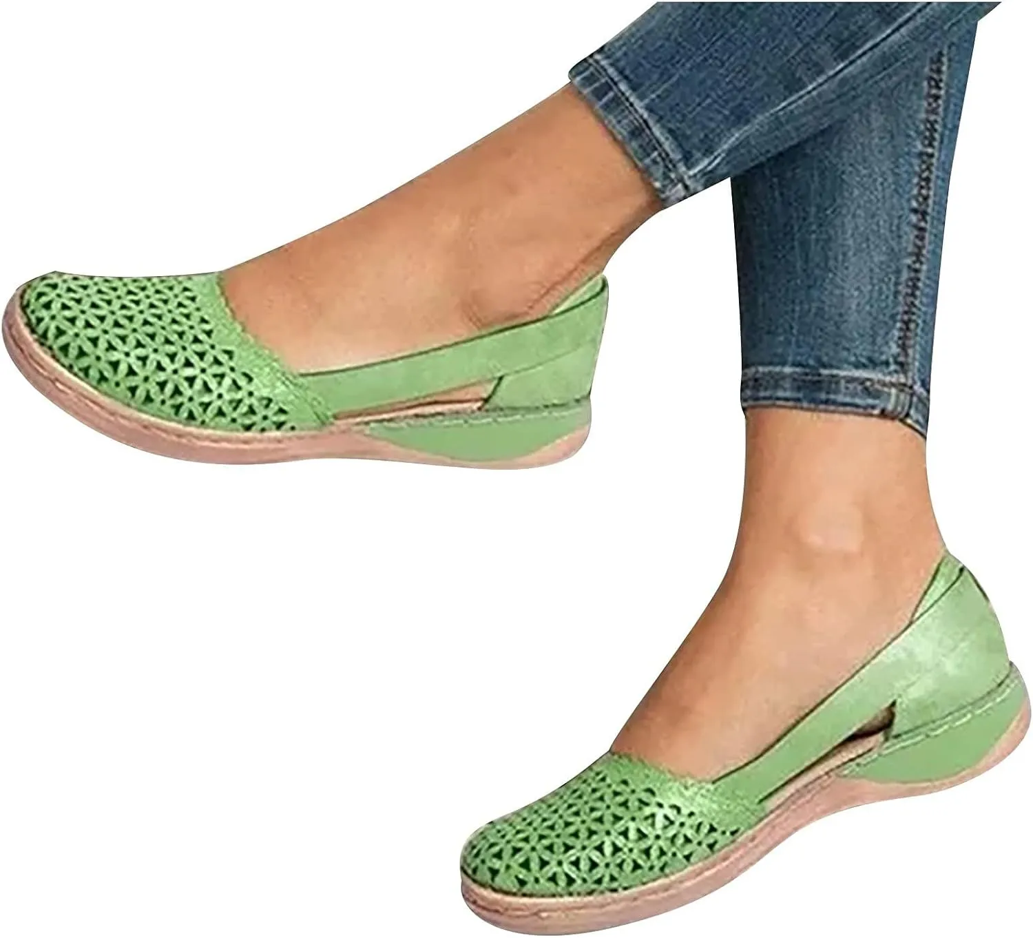 Womens Loafers Wide Dress Sandals Low Heel Hollow Out Wide Round Toe Ballet Flats with Breathable Eyelets