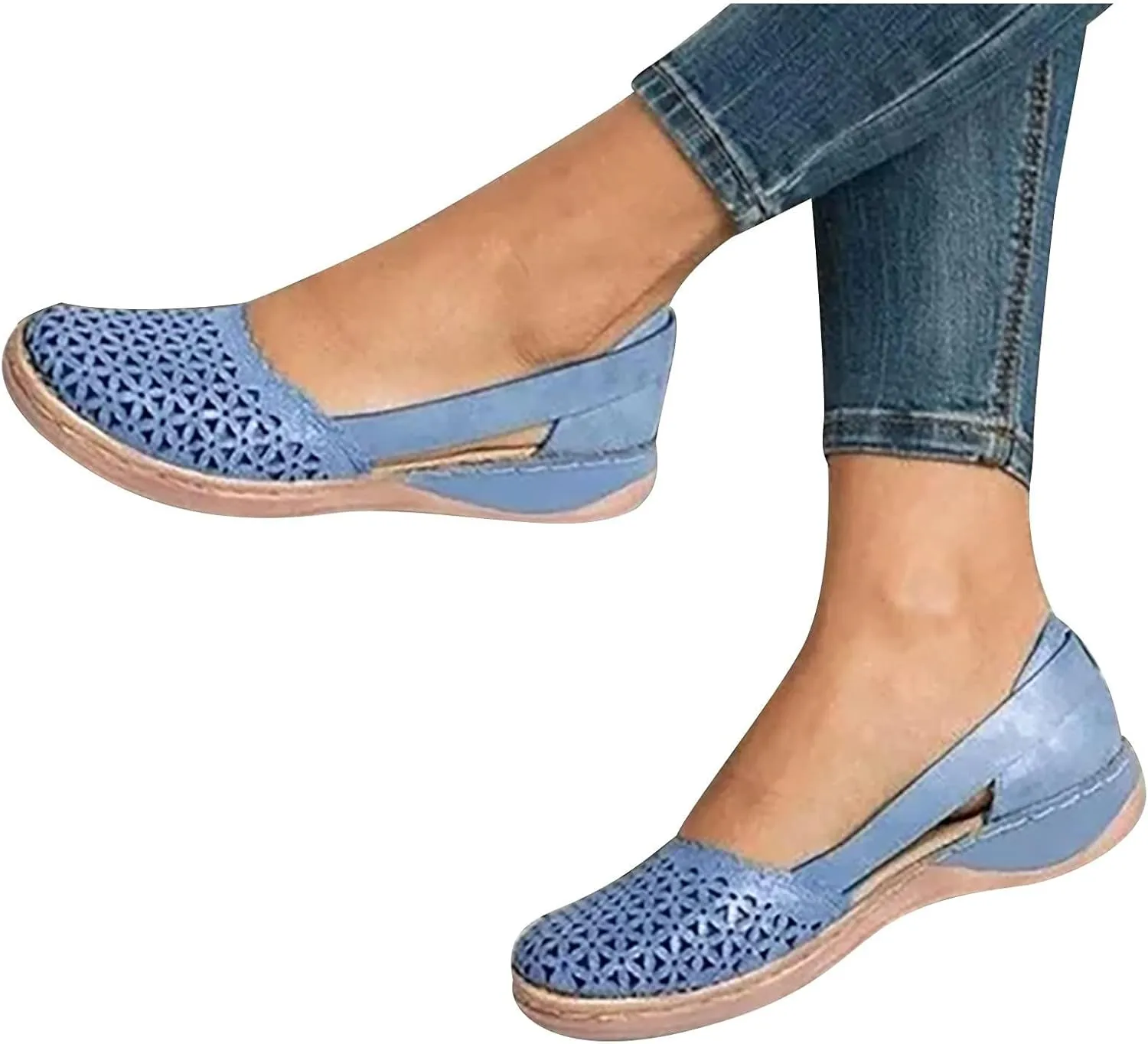 Womens Loafers Wide Dress Sandals Low Heel Hollow Out Wide Round Toe Ballet Flats with Breathable Eyelets