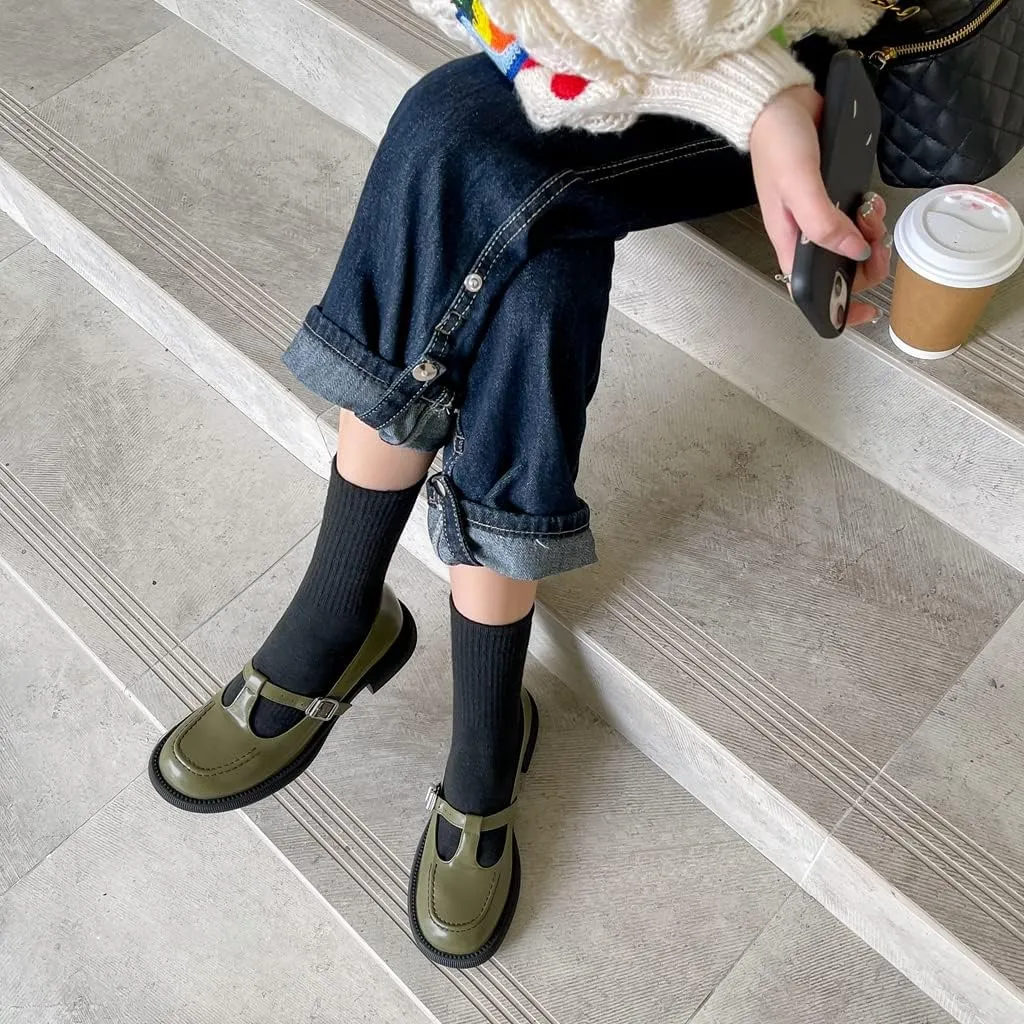 Women's Mary Jane T-Strap Oxford Shoes Flats Vintage Square Toe Leather Low Heel Girls Dress Shoe