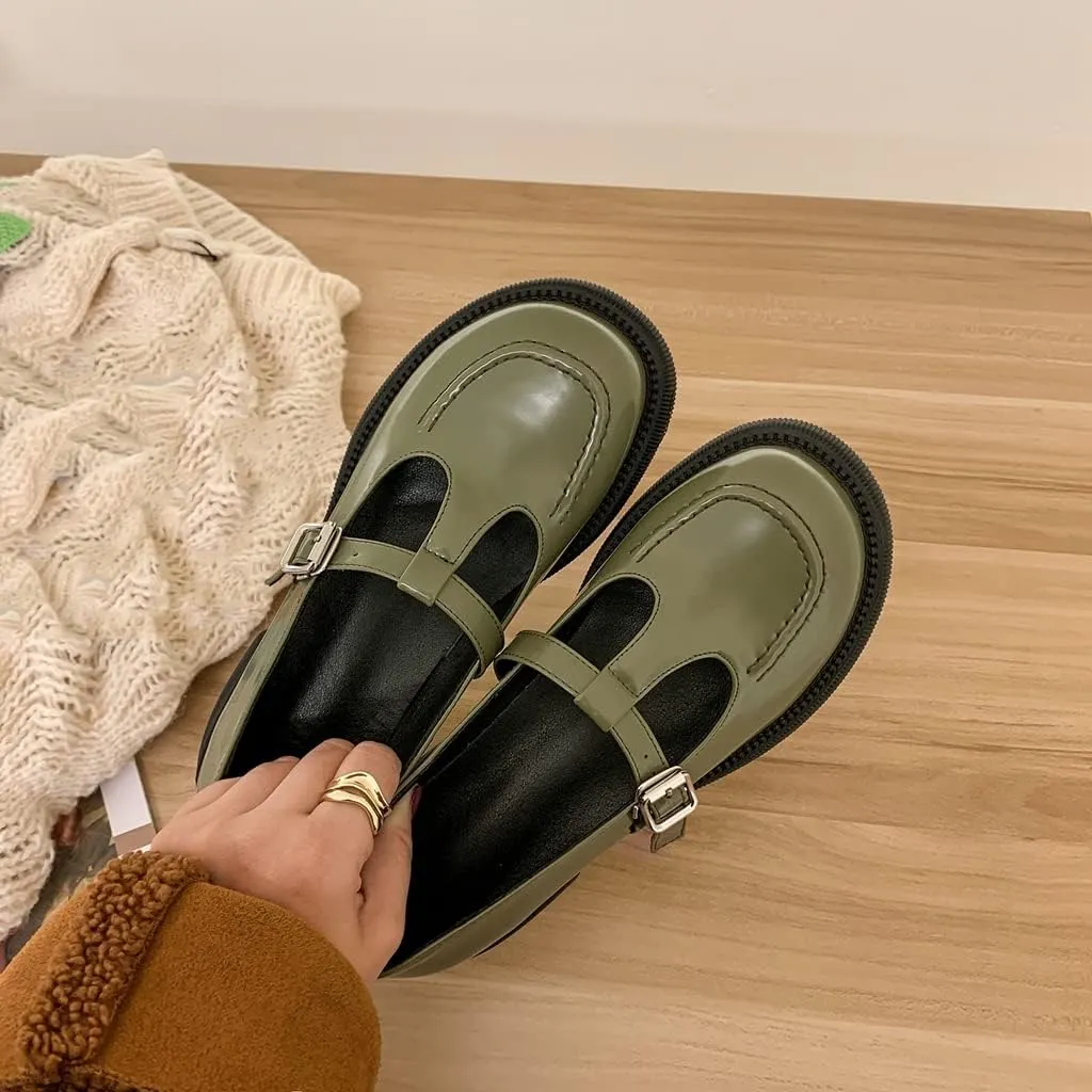 Women's Mary Jane T-Strap Oxford Shoes Flats Vintage Square Toe Leather Low Heel Girls Dress Shoe